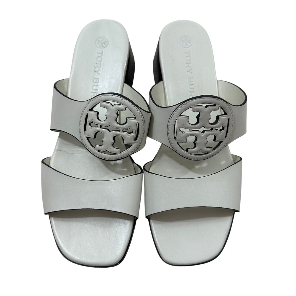 Tory Burch Miller White Block Heel Sandals Leather Logo Slides 7M